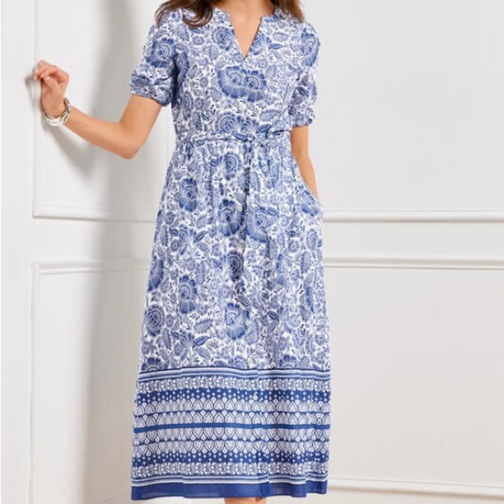 NWT Talbots PUFF SLEEVE FIT & FLARE DRESS WOODBLOCK FLORAL Blue